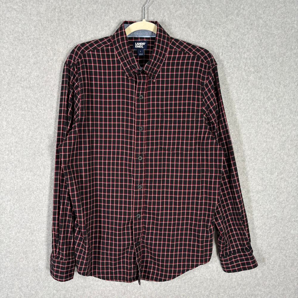 Lands End Shirt Mens Large Black Redβ Plaid Check Button Cotton Stretch Casual